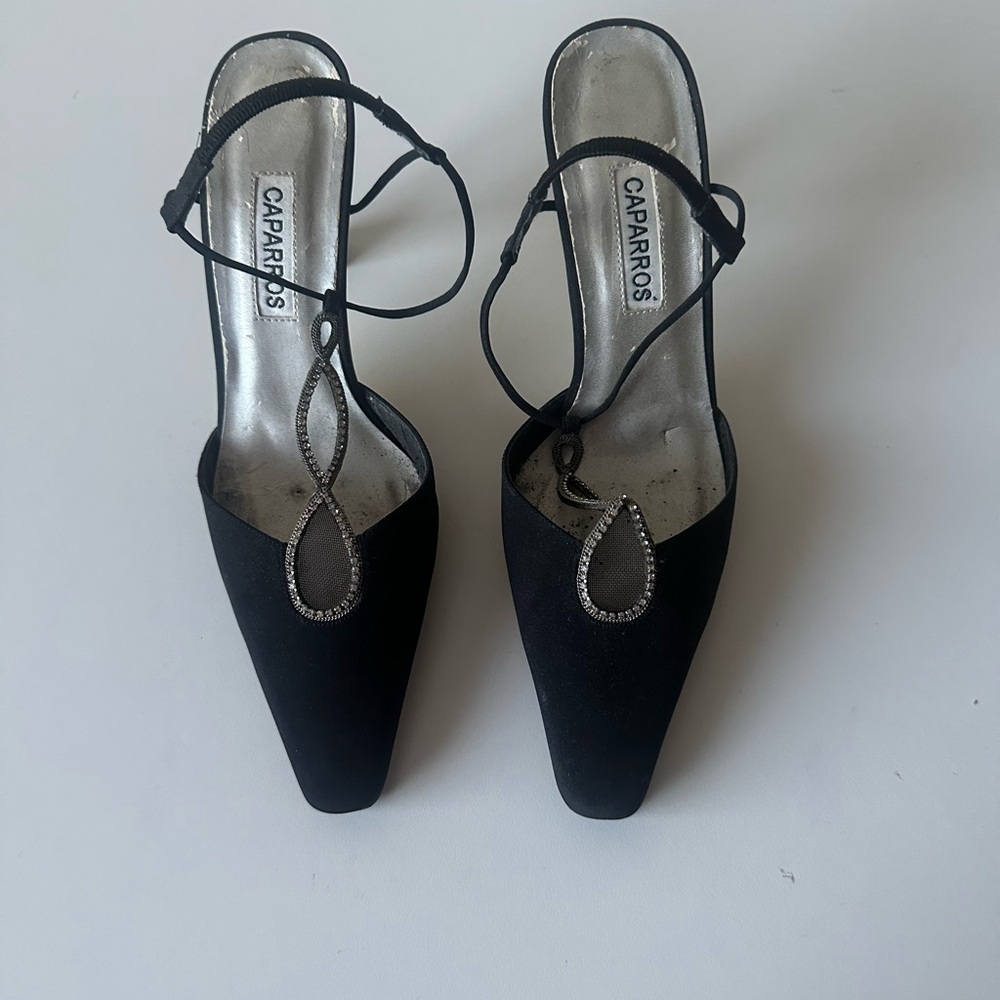 Vintage Black Rhinestone Slingback Pointed Toe Mary Jane Heel Pumps 8